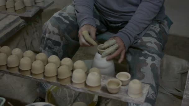 Hands Working Clay Potter Wheel Lampang Thailand — Stok video