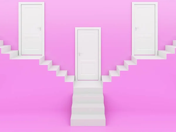 Escaleras Blancas Con Puerta Blanca Fondo Rosa Representación —  Fotos de Stock