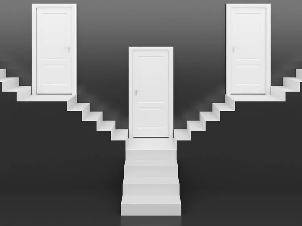 Weiße Treppe Mit Weißer Tür Auf Schwarzem Hintergrund Rendering — Stockfoto