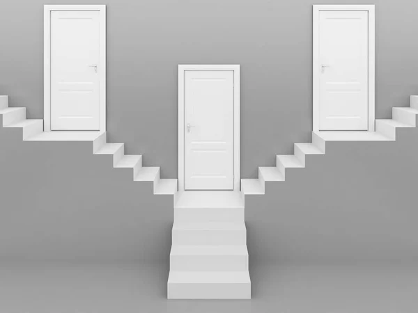 Escaleras Blancas Con Puerta Blanca Gris Fondo Representación —  Fotos de Stock