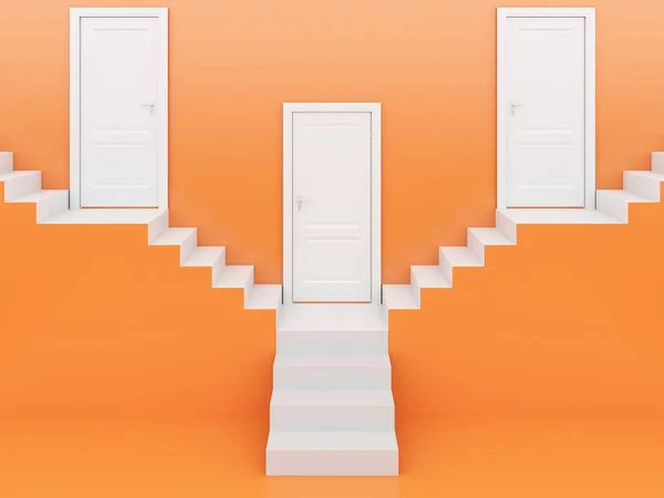white stairs with white door in orange background ,3d rendering