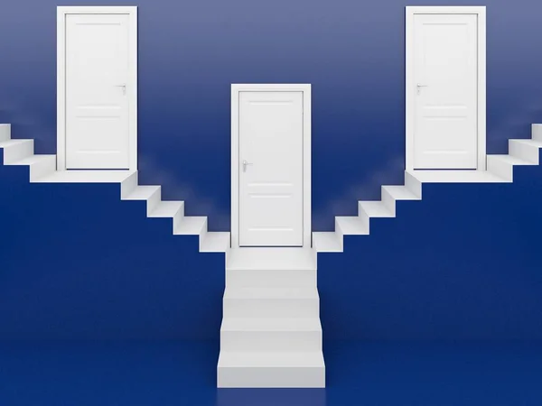 Escaleras Blancas Con Puerta Blanca Fondo Azul Representación —  Fotos de Stock