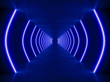 İç mekanı boş mavi modern ışıklandırma, 3 boyutlu bilim kurgu kavramı