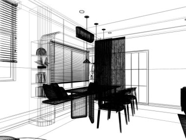 Modern yemek odası iç tasarımı, 3D tasarım.