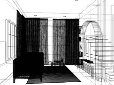 Modern oturma odası iç tasarımı, 3D görüntüleme