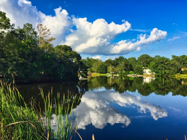 Güneşli bir günde mavi gökyüzünde bulutları yansıtan yerleşim yeri göleti