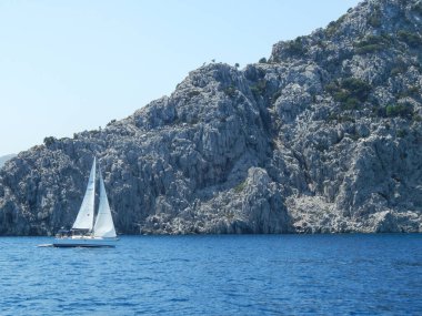 Kayalık kıyılarda, denizde, kayalarda küçük beyaz yatlar yüzüyor.