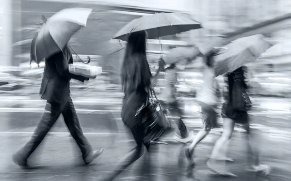 Business People Walking Street Medical Masks Rainy Day Motion Blur — Stock Photo, Image