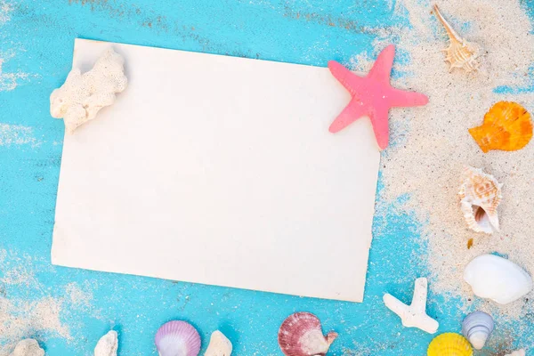 Fundo Praia Papel Velho Branco Com Estrelas Mar Conchas Coral — Fotografia de Stock