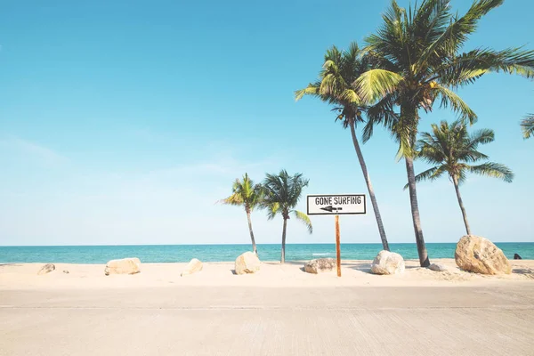 Landschaft Aus Kokospalmen Tropischen Strand Sommer Strandschild Für Surfgebiet Farbfilter — Stockfoto