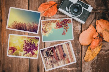 Retro Fotoğraf makinesi ve fotoğraf patlayana ve nostalji sonbaharda. Sonbahar anılar kavramı. Vintage renk efekti.