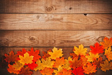 Eski ahşap arka plan kopya alanı ile üzerinde sonbahar akçaağaç yaprakları. kenarlık çerçeve tasarımı. 