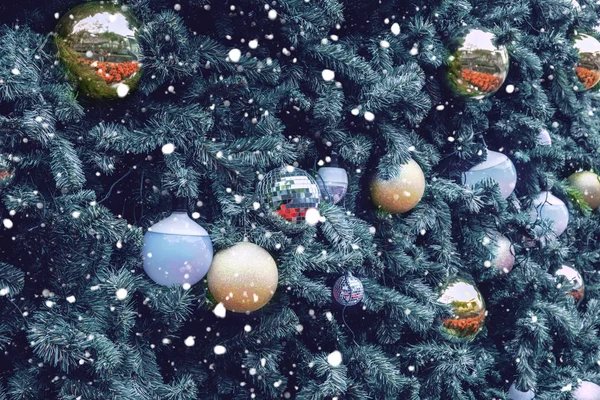 Árbol Navidad Vintage Con Adorno Decoración Bolas Oro Luz Brillante — Foto de Stock