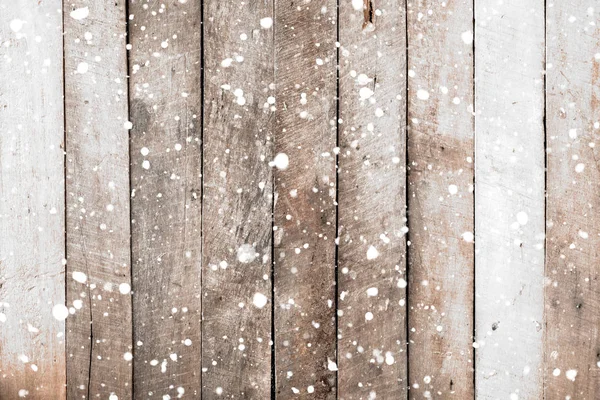Винтажная Белая Деревянная Стена Падающим Снегом Рождественский Деревенский Фон Зимняя — стоковое фото