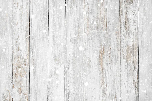 Pared Madera Blanca Vintage Con Nieve Cayendo Fondo Rústico Navidad — Foto de Stock