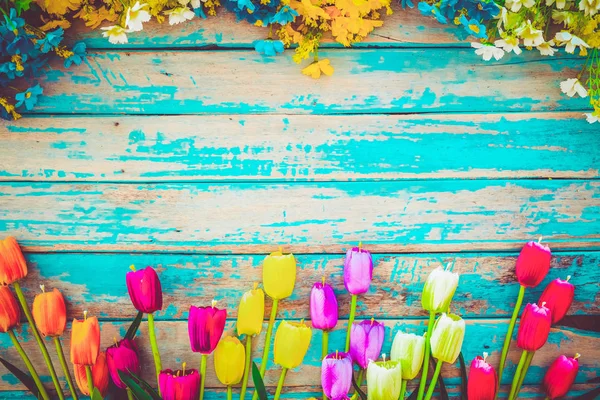 Тюльпан Цвіте Квітами Старовинному Дерев Яному Тлі Прикордонний Дизайн Рамки — стокове фото