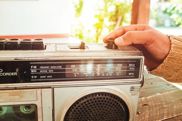 Retro Lifestyle Woman Hand Switched Adjusting Button Cassette Player Recorder — Stock Photo, Image