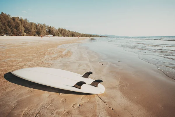 海岸穏やかな海と空の背景を持つ砂のトロピカルビーチでサーフボード 夏休みの背景とウォータースポーツのコンセプト ヴィンテージカラートーン効果 — ストック写真