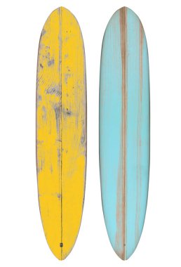 Retro ahşap longboard sörf tahtası nesne, vintage stilleri için kırpma yolu ile beyaz izole.