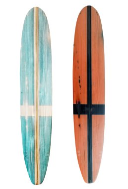 Retro ahşap longboard sörf tahtası nesne, vintage stilleri için kırpma yolu ile beyaz izole.