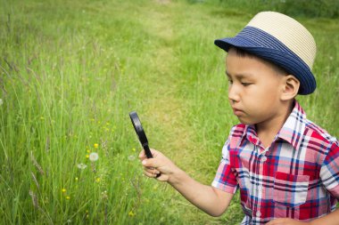 Dışarıda büyüteçli çocuk. Çocukluk kavramı, doğa araştırmaları, arama ve keşif, biyoloji ve botanik bilimi ve bilgisi. Asyalı görünüşte bir çocuk.
