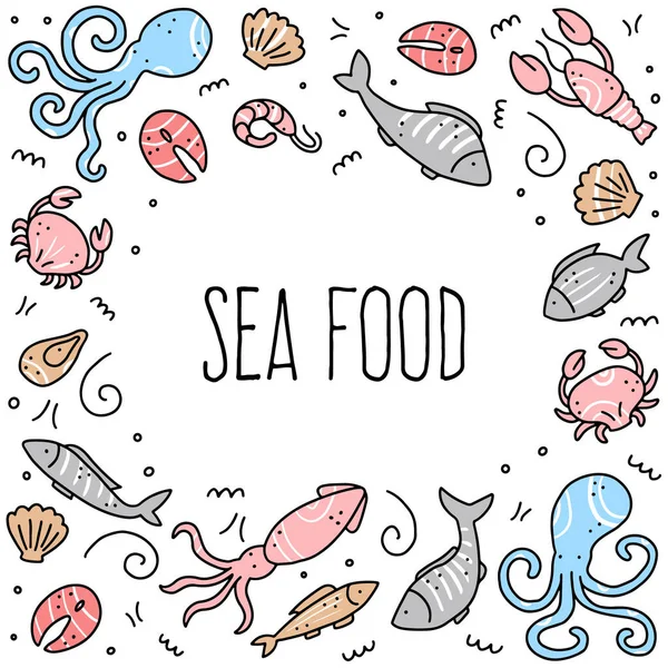 Hand drawn set of seafood elements. Doodle style vector illustration. — Stock Vector