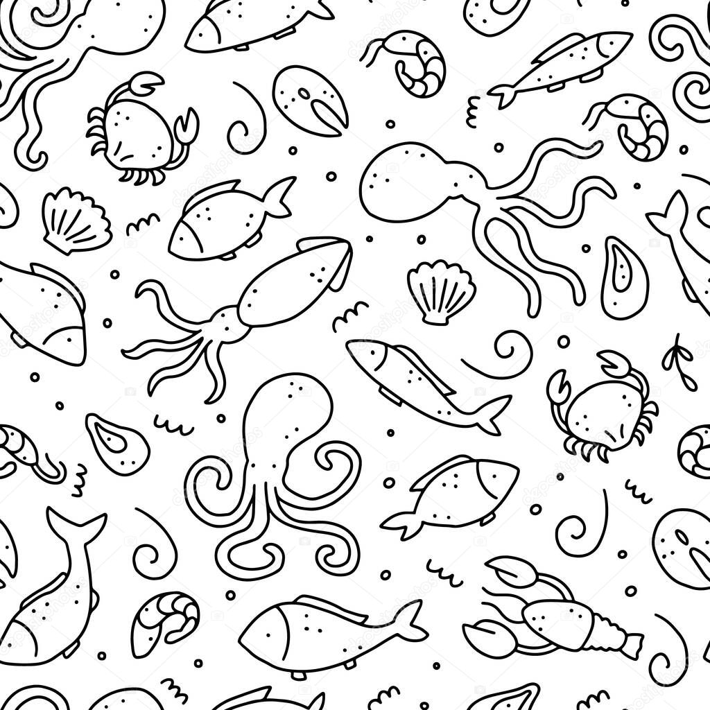 Seafood hand draen seamless pattern. Vector illustration.