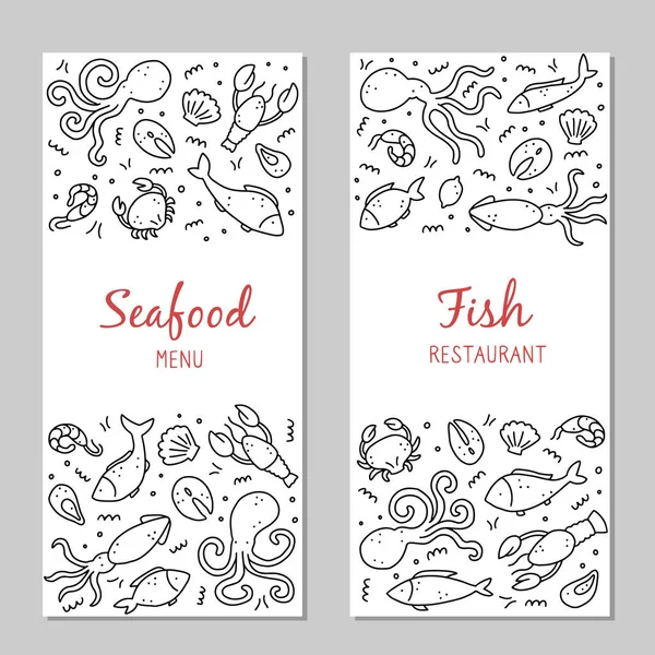 Hand drawn set of seafood elements. Doodle style vector illustration. — Stock Vector