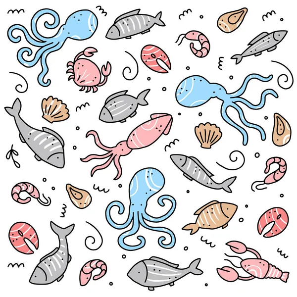 Hand drawn set of seafood elements. Doodle style vector illustration. — Stock Vector