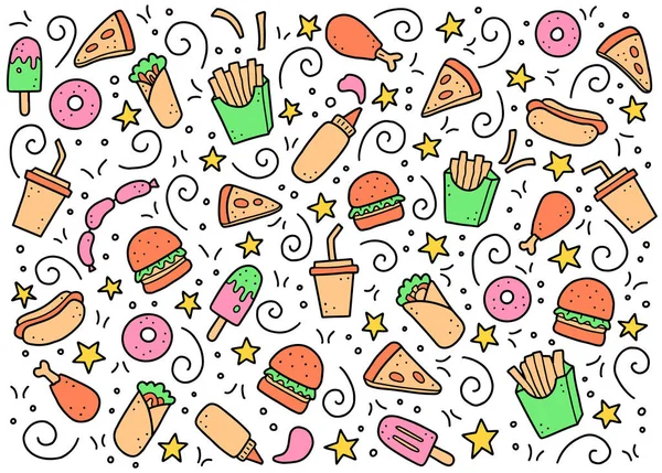 Zestaw ręcznie rysowane fast food doodle. Ilustracja wektora. — Wektor stockowy