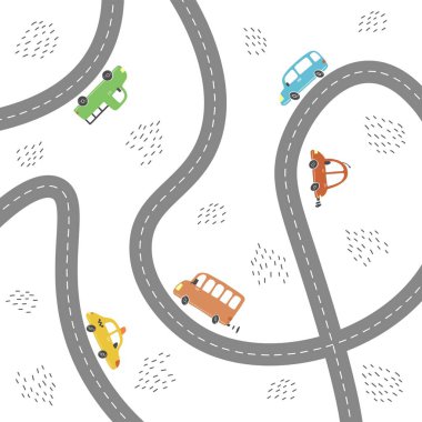 Çocukların şehir haritası, ulaşım ve yol. Vektör illüstrasyonu.