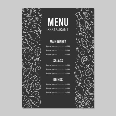 El yapımı deniz ürünleri seti. Doodle biçim vektör illüstrasyonu.