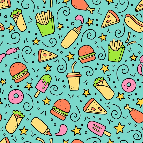 Padrão sem costura desenhado à mão de doodle fast food. Ilustração vetorial . —  Vetores de Stock