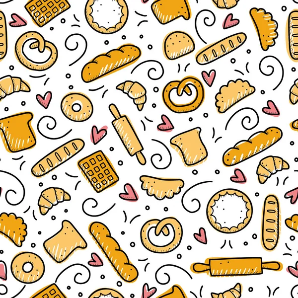 Handritat sömlöst mönster av bagerielement. Doodle stil vektor illustration. — Stock vektor