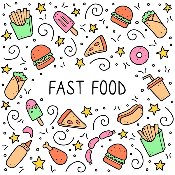 Set de garabatos de comida rápida dibujados a mano. Ilustración vectorial . — Vector de stock