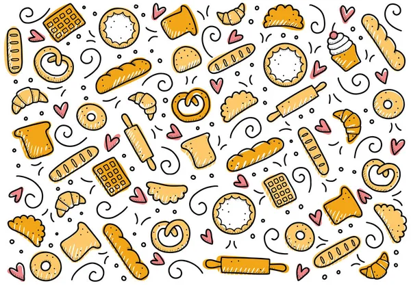 Conjunto dibujado a mano de panadería y elementos para hornear. Ilustración vectorial. — Archivo Imágenes Vectoriales