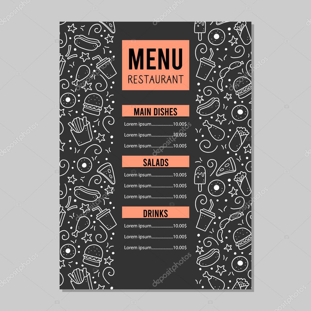 Hand drawn menu template of fast food elements, burger, pizza, sandwich, hamburger, snack. Doodle sketch style. Fast food element drawn by digital brush-pen. Vector illustration for menu, frame design
