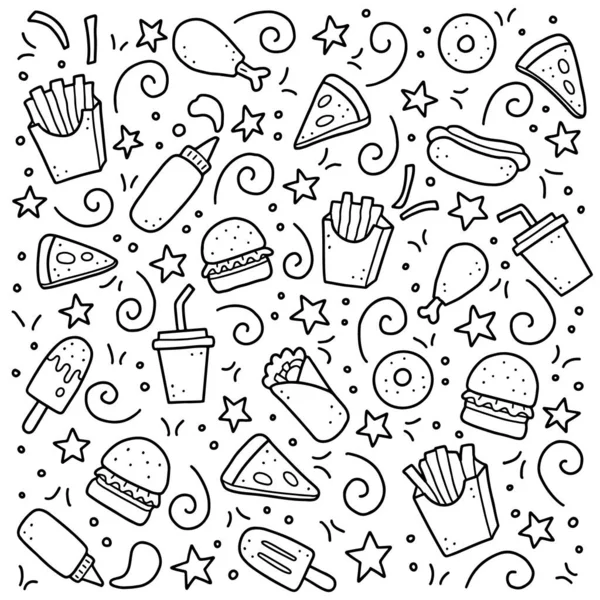 Zestaw ręcznie rysowane fast food doodle. Ilustracja wektora. — Wektor stockowy