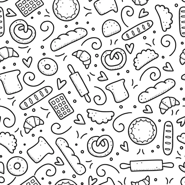 Handritat sömlöst mönster av bagerielement. Doodle stil vektor illustration. — Stock vektor