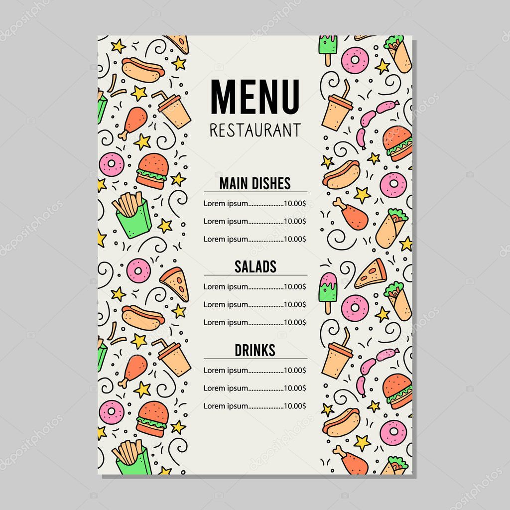 Hand drawn menu template of fast food elements, burger, pizza, sandwich, hamburger, snack. Doodle sketch style. Fast food element drawn by digital brush-pen. Vector illustration for menu, frame design