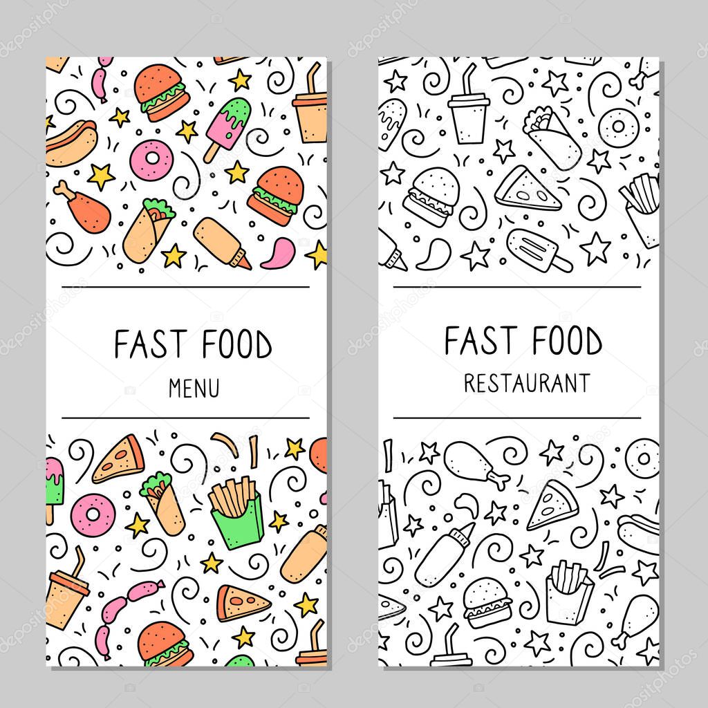 Hand drawn menu template of fast food elements, burger, pizza, sandwich, hamburger, snack. Doodle sketch style. Fast food element drawn by digital brush-pen. Vector illustration for menu, frame design