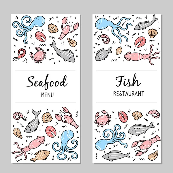 Hand drawn set of seafood elements. Doodle style vector illustration. — Stock Vector