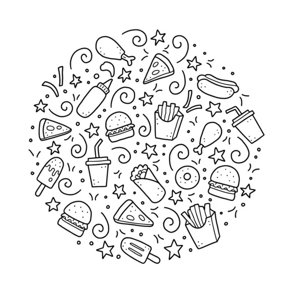 Set de garabatos de comida rápida dibujados a mano. Ilustración vectorial . — Vector de stock