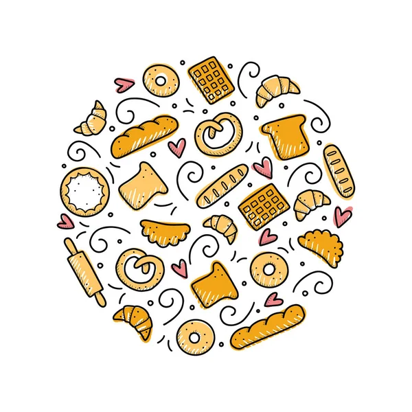 Conjunto dibujado a mano de panadería y elementos para hornear. Ilustración vectorial. — Archivo Imágenes Vectoriales
