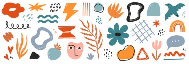 Soyut şekil vektör grafik seti. Soyut grafik tasarım çiçeği, yüz, modern poster için damlacık şekli, yaz yapıştırması element paketi. Boya dokusu modern arkaplanı karalıyor. Vektör illüstrasyonu