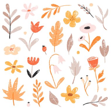 Çiçek baharı vektör bahçesi şirin element seti. El yapımı pastel çiçek, yaprak, papatya çiçeği tebeşir desenli şirin elementler. Çiçekçi çocuk özgeçmişi. Vektör illüstrasyonu