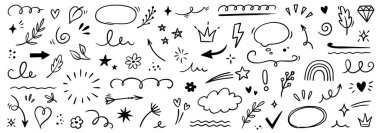 Element çizgisi dekorasyon simgesi seti. Güzel dekorasyonlu el çizimi elementleri, ok, kalp, çiçek ve yıldız. Fırça darbesi, doğa yaprağı, soyut şekil ve karalama çıkartması. Vektör illüstrasyonu