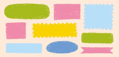 Boya fırçası boya kalemi şeklindeki çerçeve seti. El çizimi kalem kutusu, pastel pürüzlü tebeşir dokusu kare kenarı. Güzel bir karikatür çerçeve dairesi, kare arkaplan tasarımı. Vektör illüstrasyonu