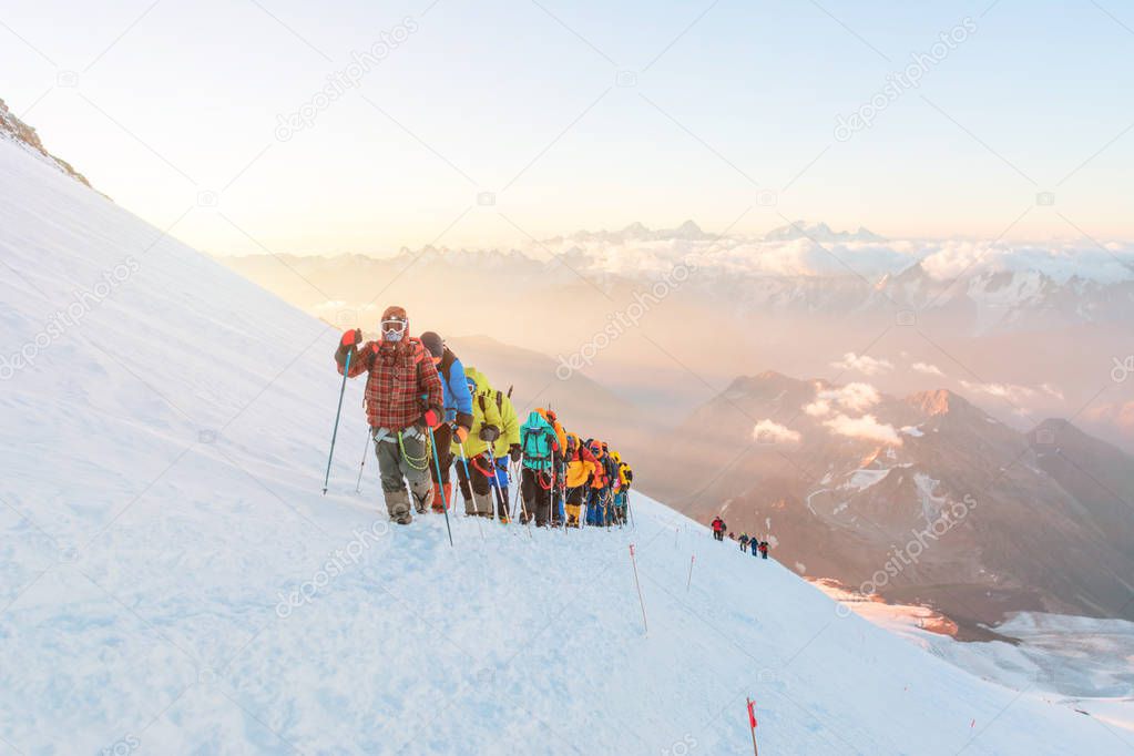 Group of climbers at dawn. Elbrus, altitude of 5200m