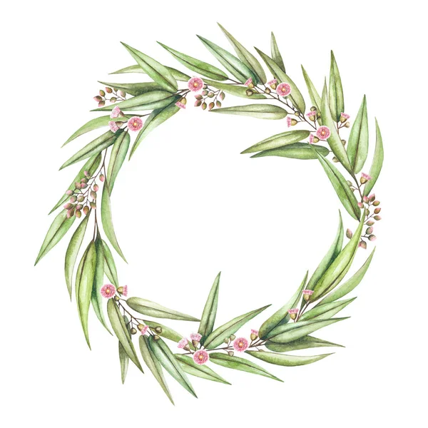 Floral wreath. Eucalyptus branches, leaves and flowers.Watercolor hand drawn illustration. It can be used for greeting cards, wedding cards, posters, etc